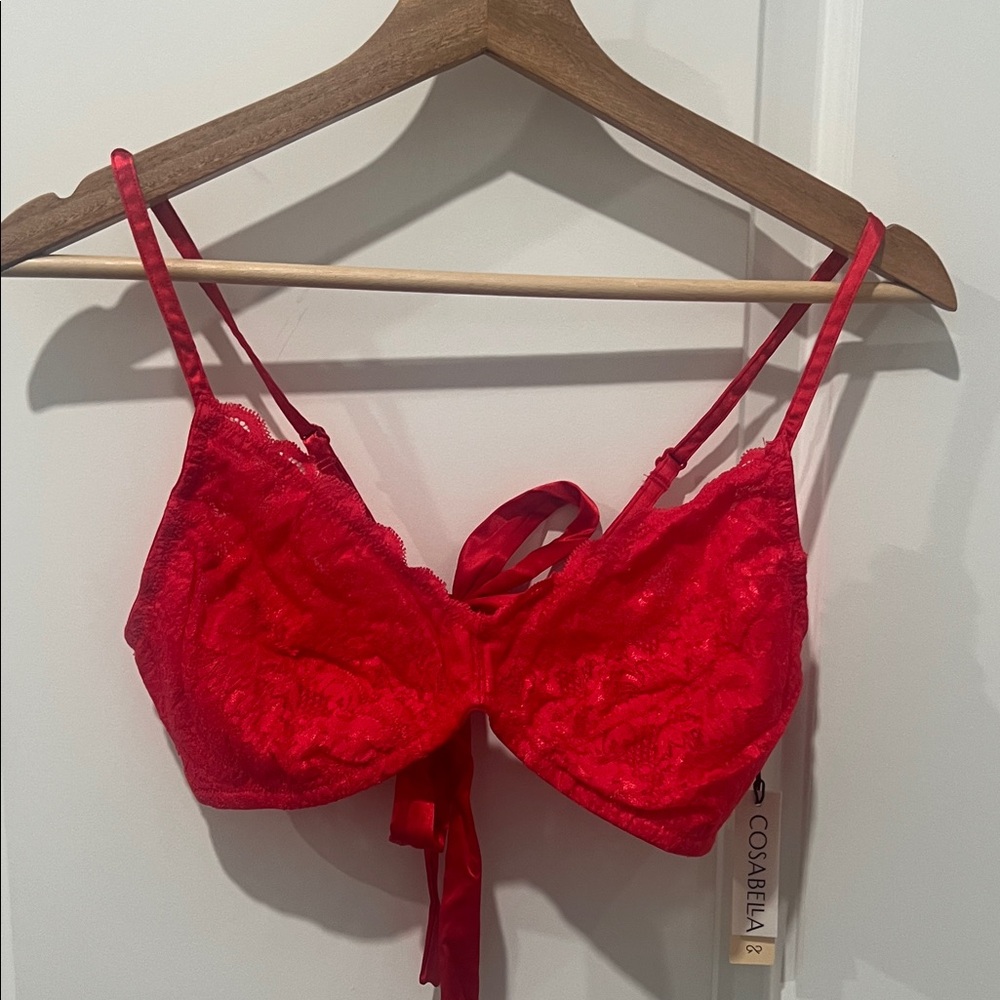 Cosabella Vibrant Red Lace Triangle‎ Bralette Size Large Satin Bow Tie Back